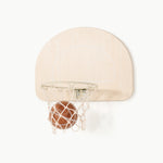 Mini basketball hoop with a ball on a white background