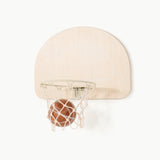 Mini basketball hoop with a ball on a white background