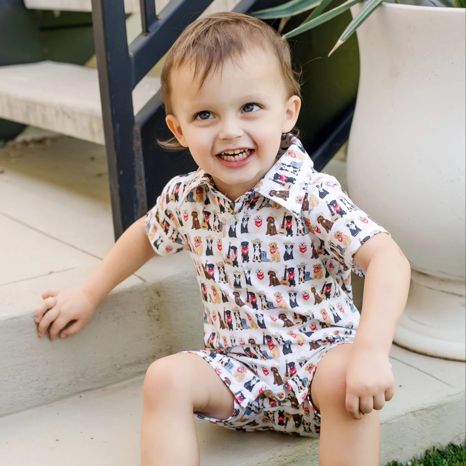 Lila and Hayes Tripp Boys' Polo Shortall - Western Pups