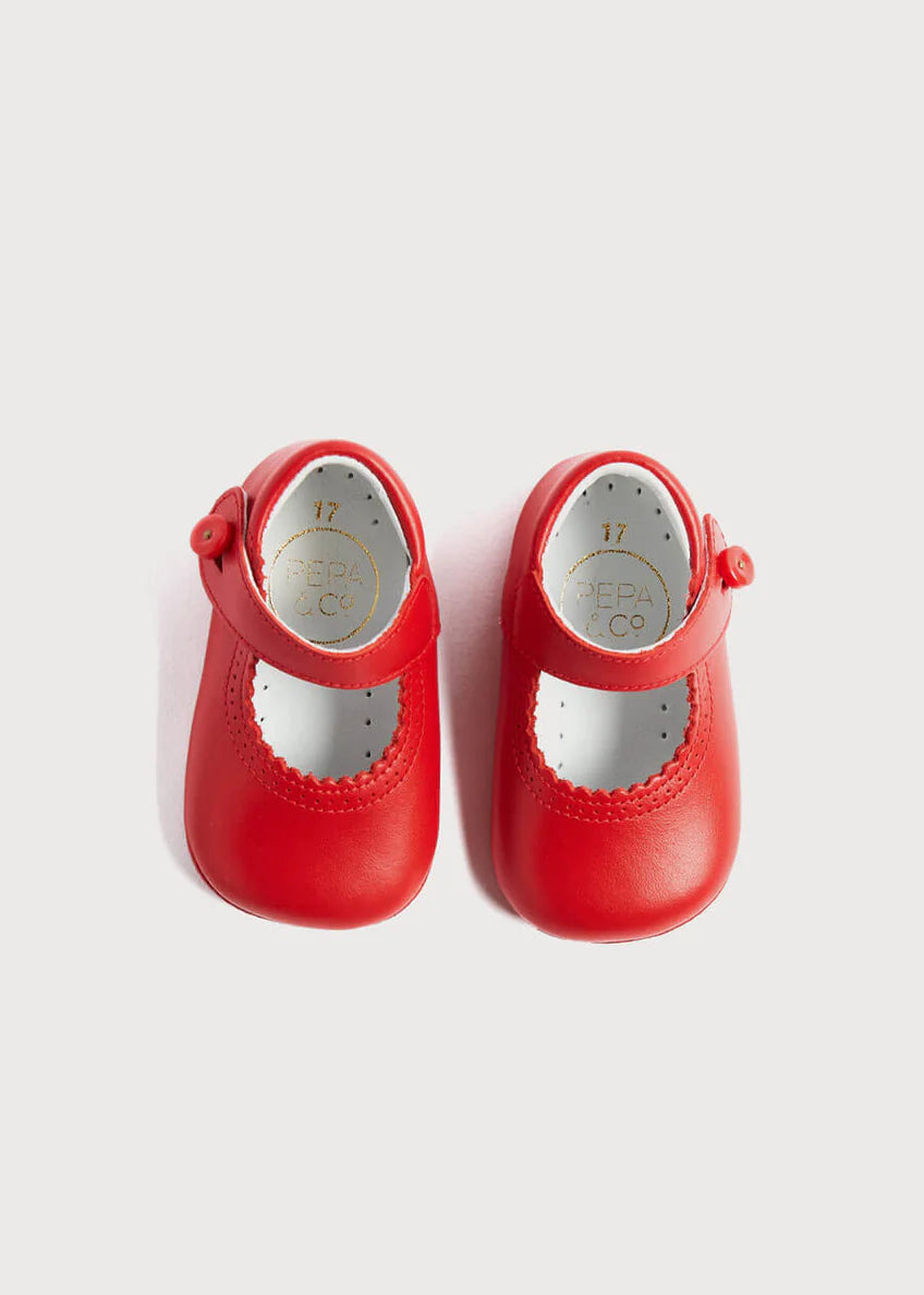 Leather Mary Jane Pram Shoes in Red