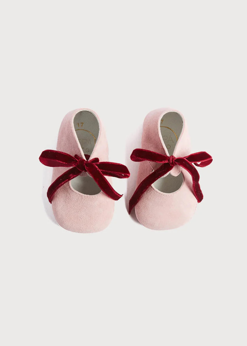 Suede Pink Baby Pram Shoes with Velvet Ribbon