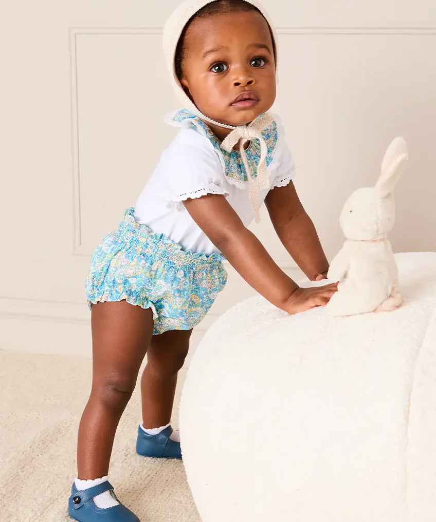 Leontyne Liberty Floral Ruffle Collar Lace Detail Bodysuit in Blue