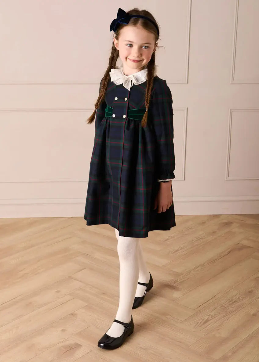 Pepa London Kinnerton Tartan Hand Smocked Double Breasted Velvet Bow Dress in Green