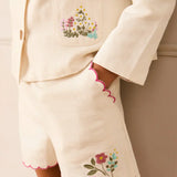Wildflower Embroidered Scallop Edge Shorts in Cream
