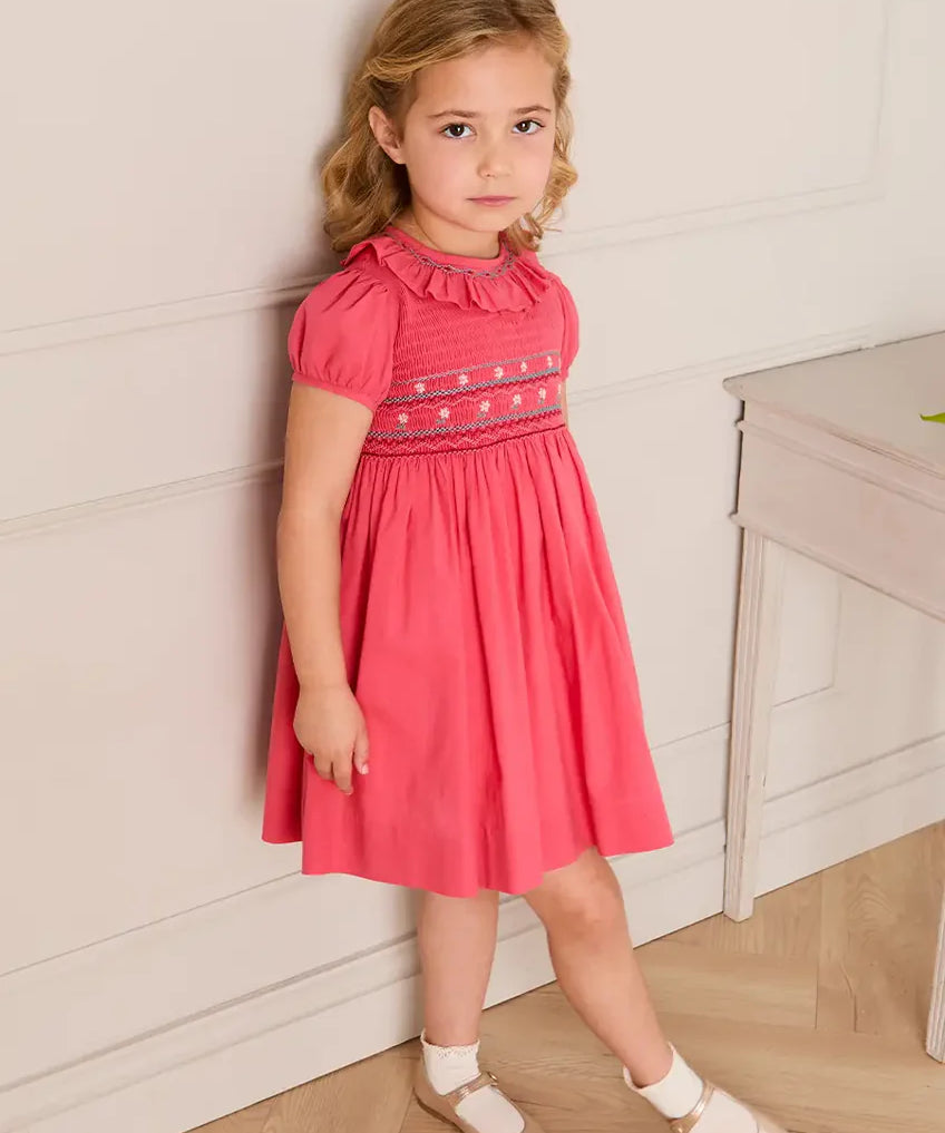 Hand Smocked Flower Embroidered Dress in Strawberry
