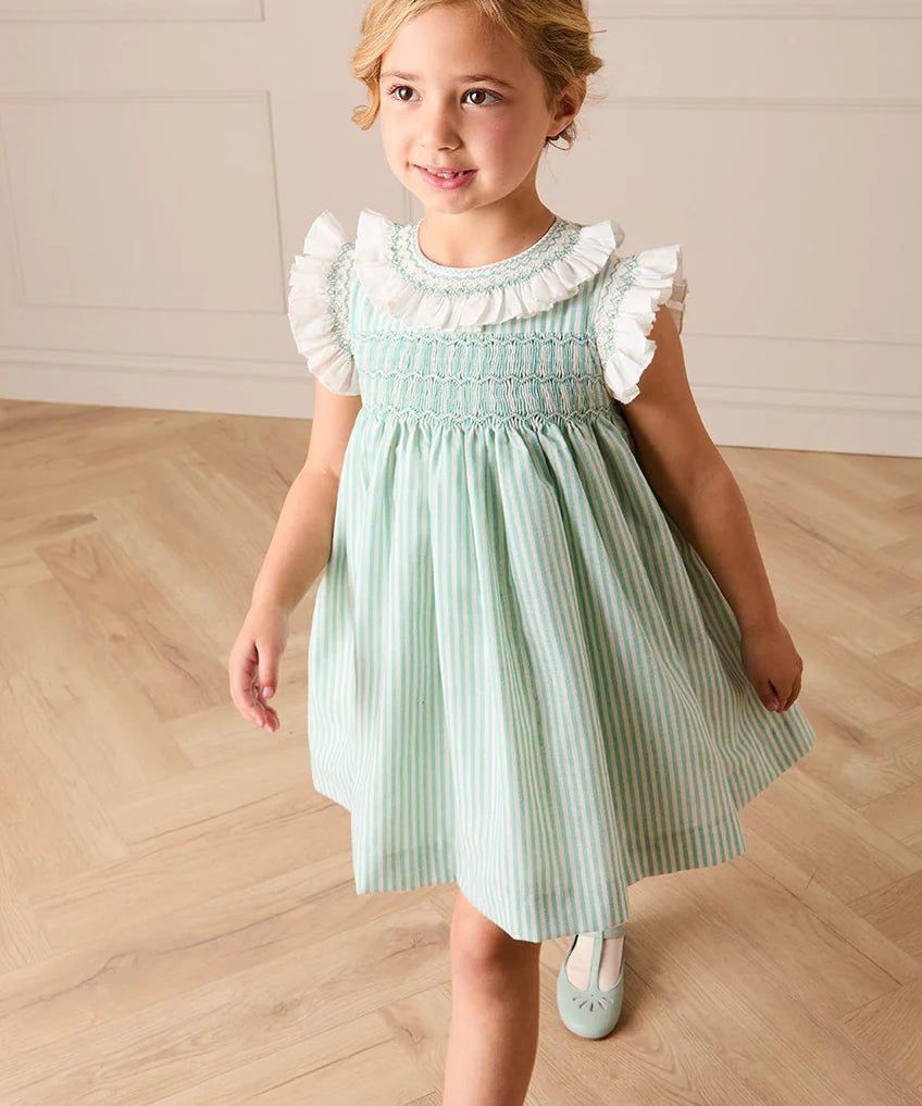 Wimbledon Stripe Hand Smocked Frill Collar Cap Sleeve Dress in Green