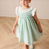 Wimbledon Stripe Hand Smocked Frill Collar Cap Sleeve Dress in Green