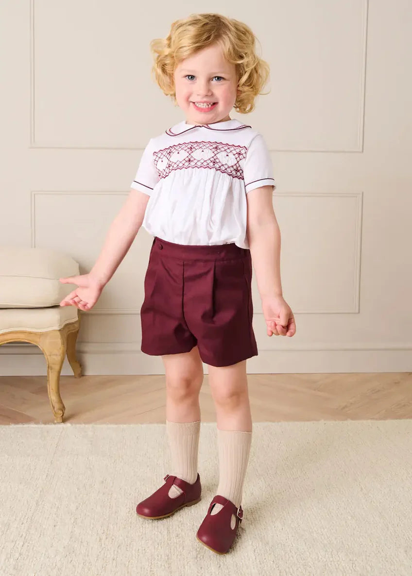 Hand Smocked Peter Pan Collar Short Sleeve Two Piece Set in Burgundy