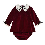La Coqueta Burgundy Antonella Velvet Baby Girl Set