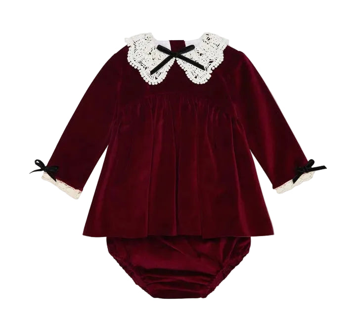 La Coqueta Burgundy Antonella Velvet Baby Girl Set