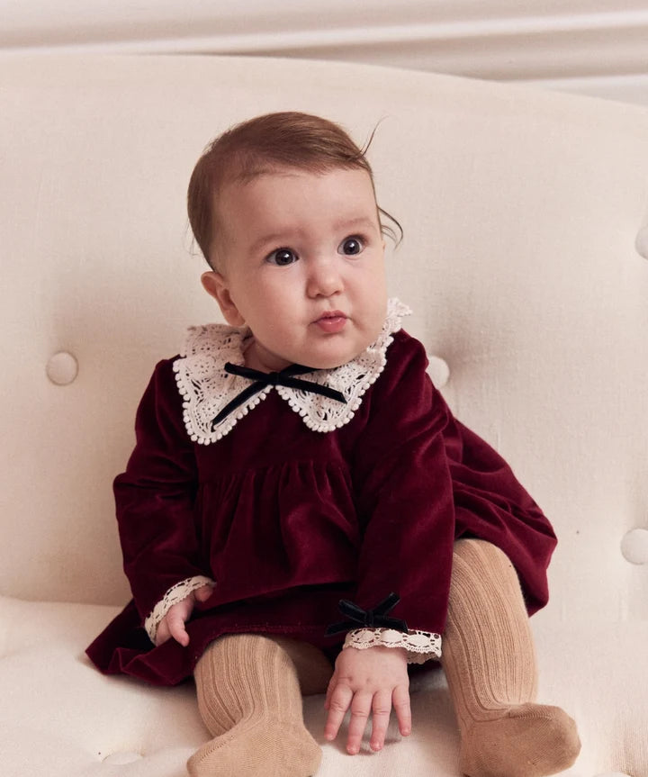 La Coqueta Burgundy Antonella Velvet Baby Girl Set