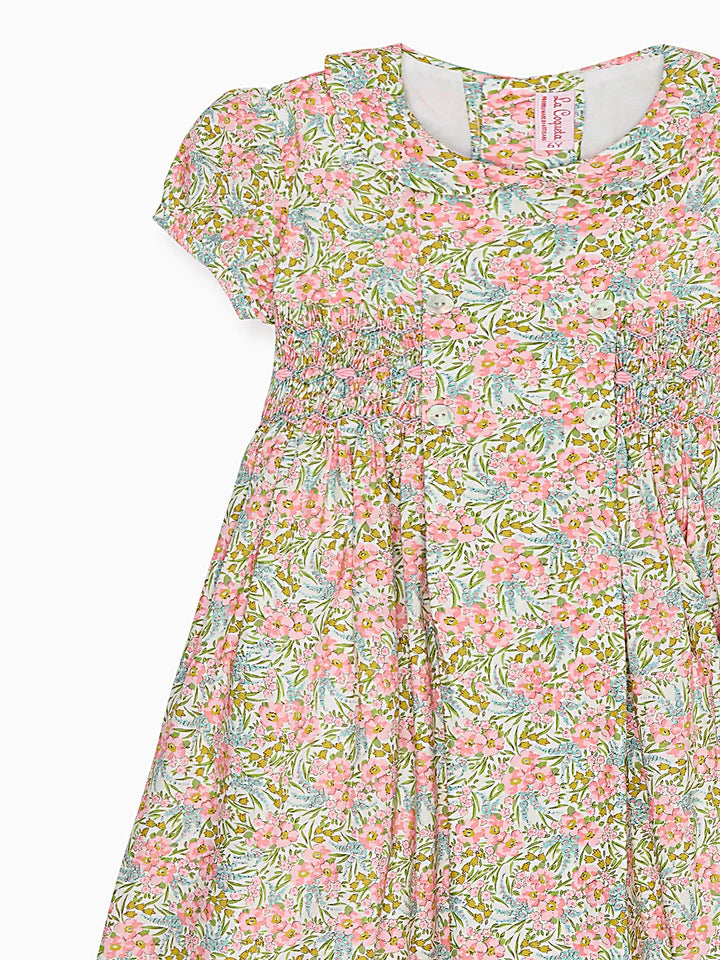 la coqueta Pink Floral Arcadia Girl Made With Liberty Fabric Hand-Smocked Dress