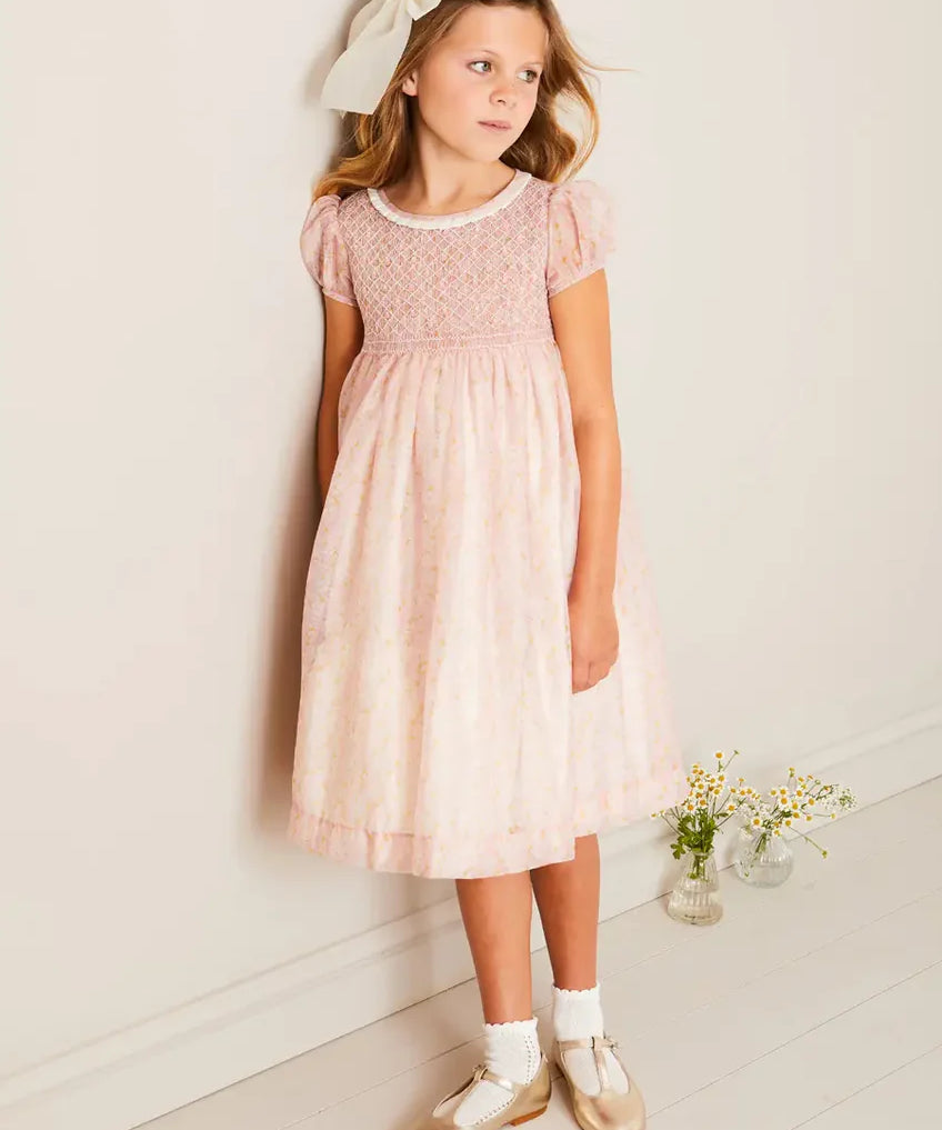 Constance Floral Hand Smocked Short Sleeve Party Dress in Pink