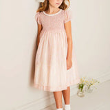 Constance Floral Hand Smocked Short Sleeve Party Dress in Pink