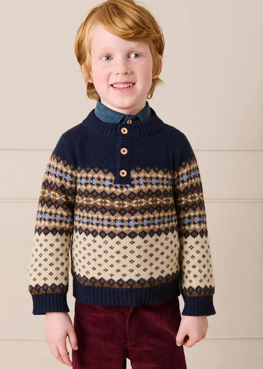 Pepa London Fair Isle Jacquard Three Button Jumper in Blue