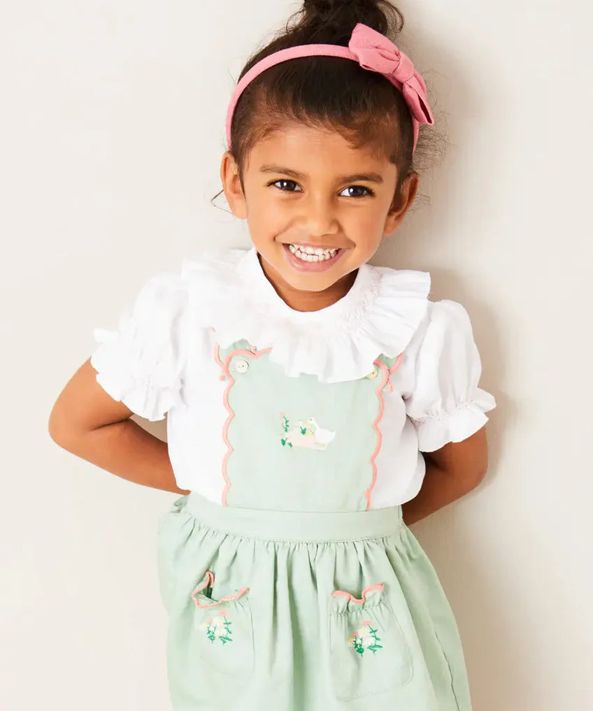 Hand Smocked Collar Short Sleeve Blouse in White