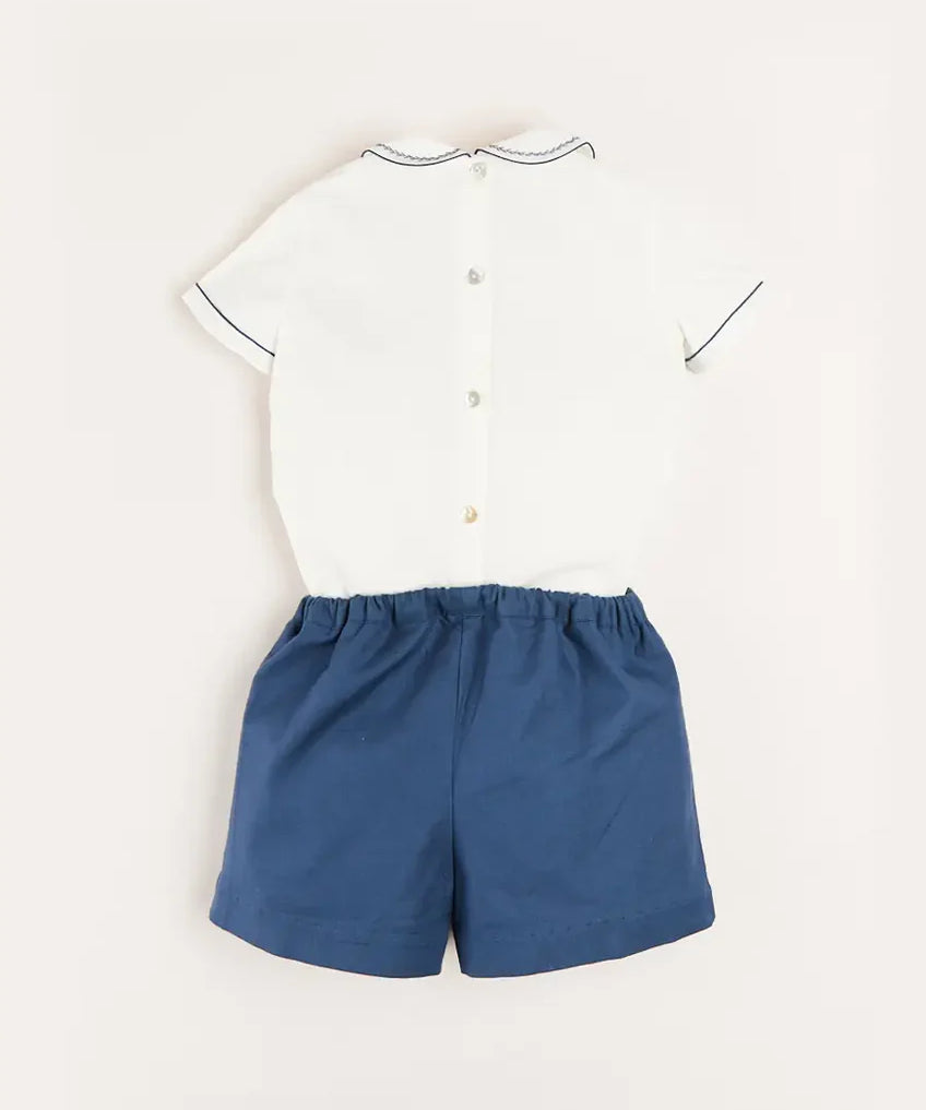 Hand Smocked Short Sleeve Two Piece Set in Royal Blue