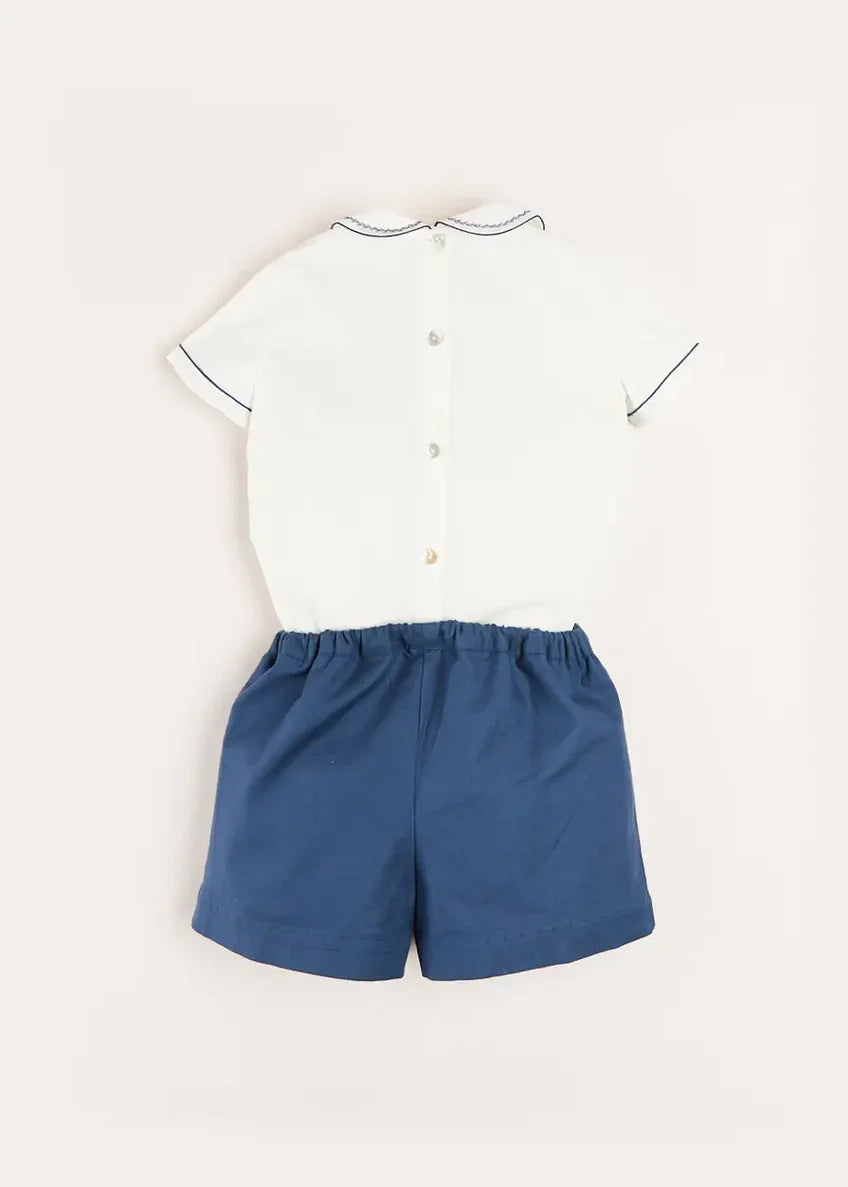 Hand Smocked Short Sleeve Two Piece Set in Royal Blue