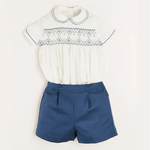 Pepa London Hand Smocked Short Sleeve Two Piece Set in Royal Blue