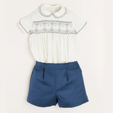 Pepa London Hand Smocked Short Sleeve Two Piece Set in Royal Blue