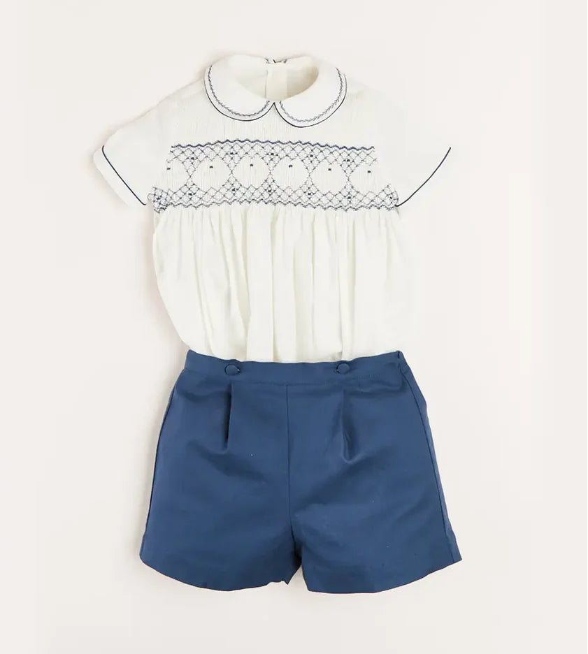 Pepa London Hand Smocked Short Sleeve Two Piece Set in Royal Blue