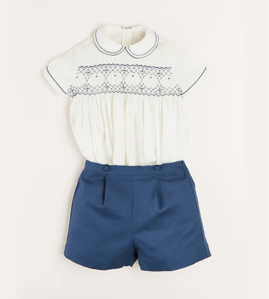Pepa London Hand Smocked Short Sleeve Two Piece Set in Royal Blue