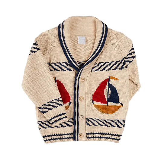 Pepa London Boat Motif Shawl Neck Nautical Cardigan in Beige