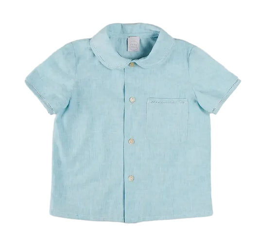 Pepa London Peter Pan Collar Trim Detail Short Sleeve Shirt in Blue