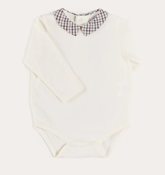 Pepa London Cadogan Houndstooth Collar Long Sleeve Bodysuit in Brown