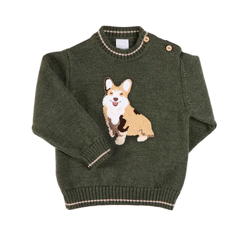 Pepa London Corgi Embroidered Button Detail Jumper in Green