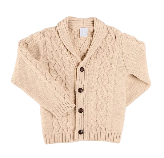 Pepa London Cable Knit Shawl Neck Cardigan in Camel