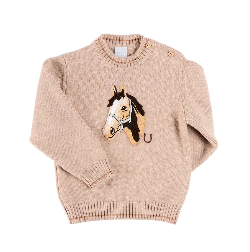 Pepa London Horse Embroidered Button Detail Jumper in Beige