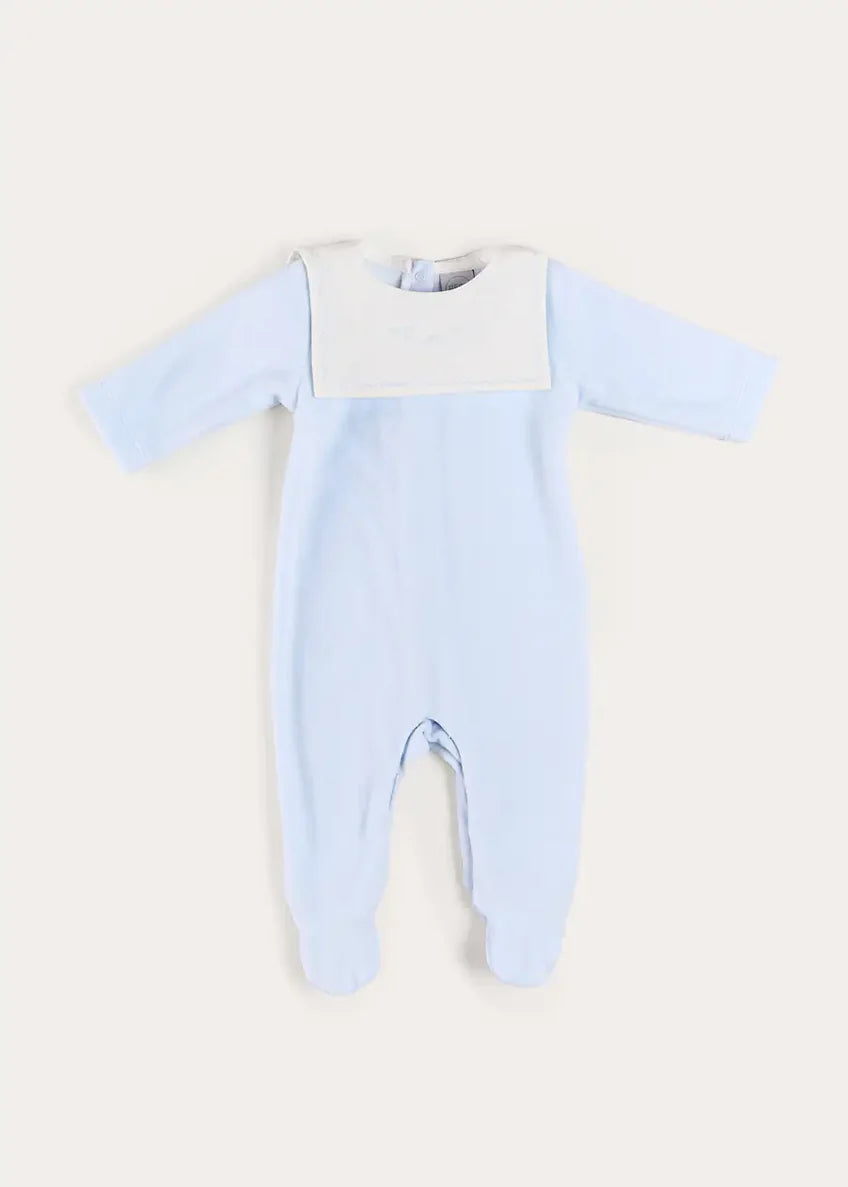 Floral Detail Embroidered Collar Velour All In One in Blue