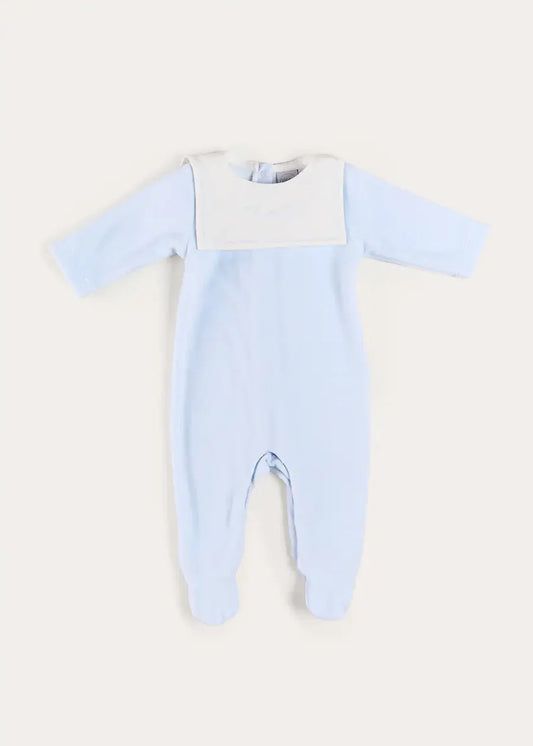 Floral Detail Embroidered Collar Velour All In One in Blue