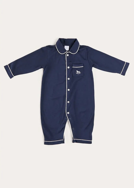 Rocking Horse Embroidered Pima Cotton All In One Pyjamas in Navy