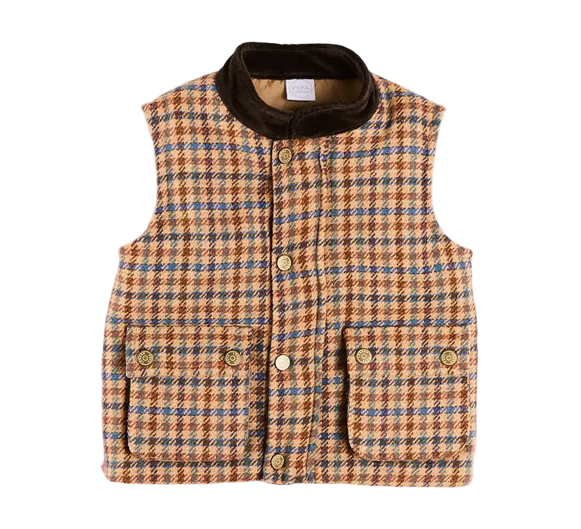 Pepa London Vincent Check Velvet Collar Pocket Detail Vest Gillet in Brown
