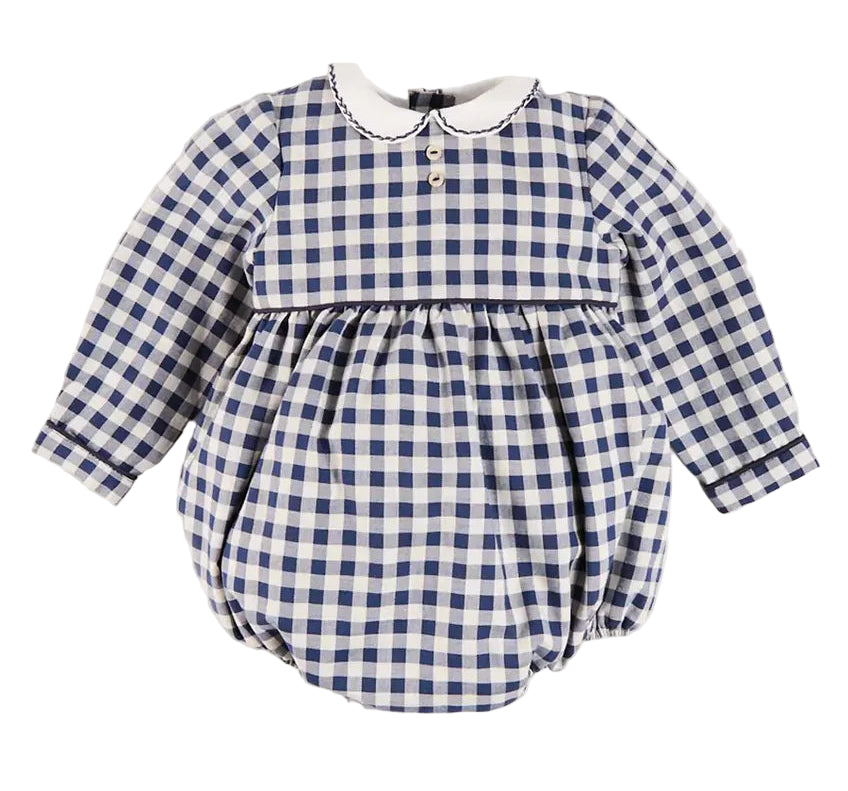 Pepa London Draycott Check Peter Pan Collar Long Sleeve Romper in Blue