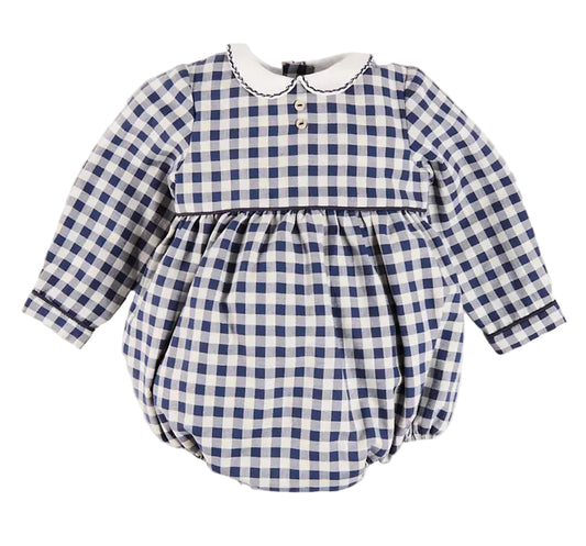 Pepa London Draycott Check Peter Pan Collar Long Sleeve Romper in Blue