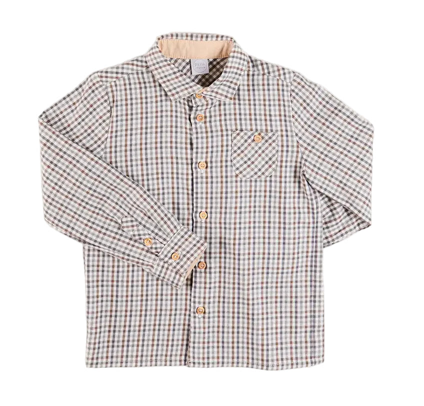 Pepa London Cadogan Houndstooth Polo Collar Long Sleeve Shirt in Beige