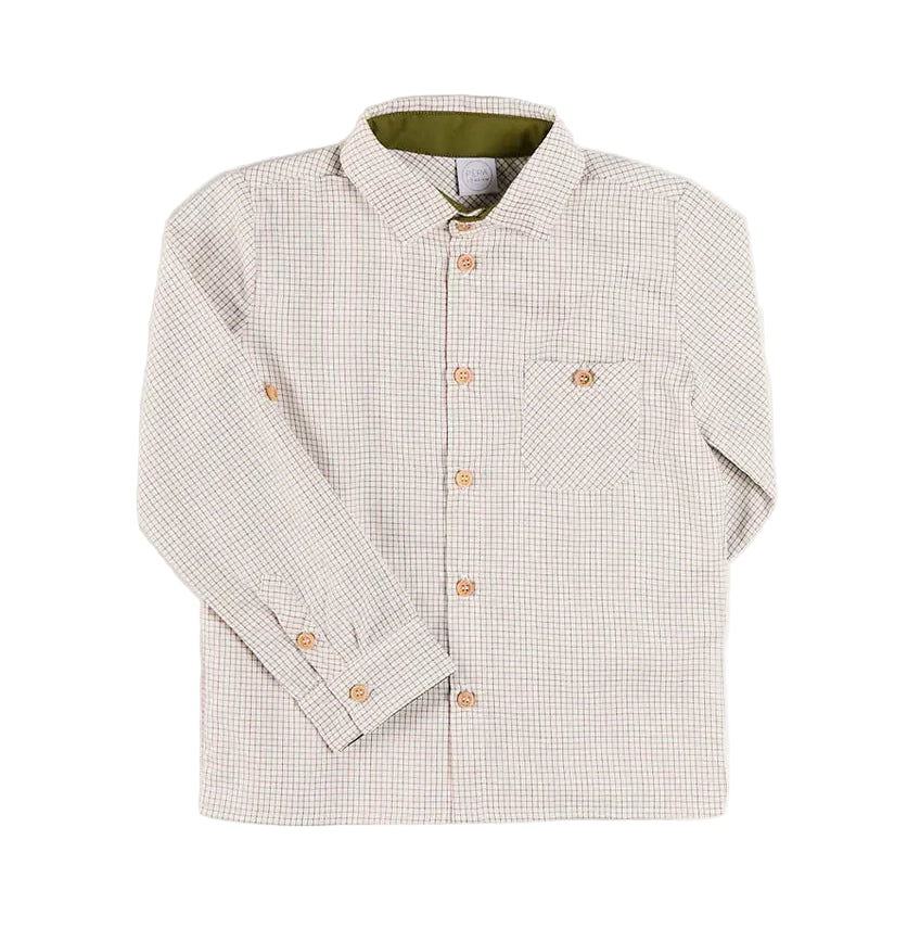 Pepa London Ambrose Check Polo Collar Long Sleeve Shirt in Beige