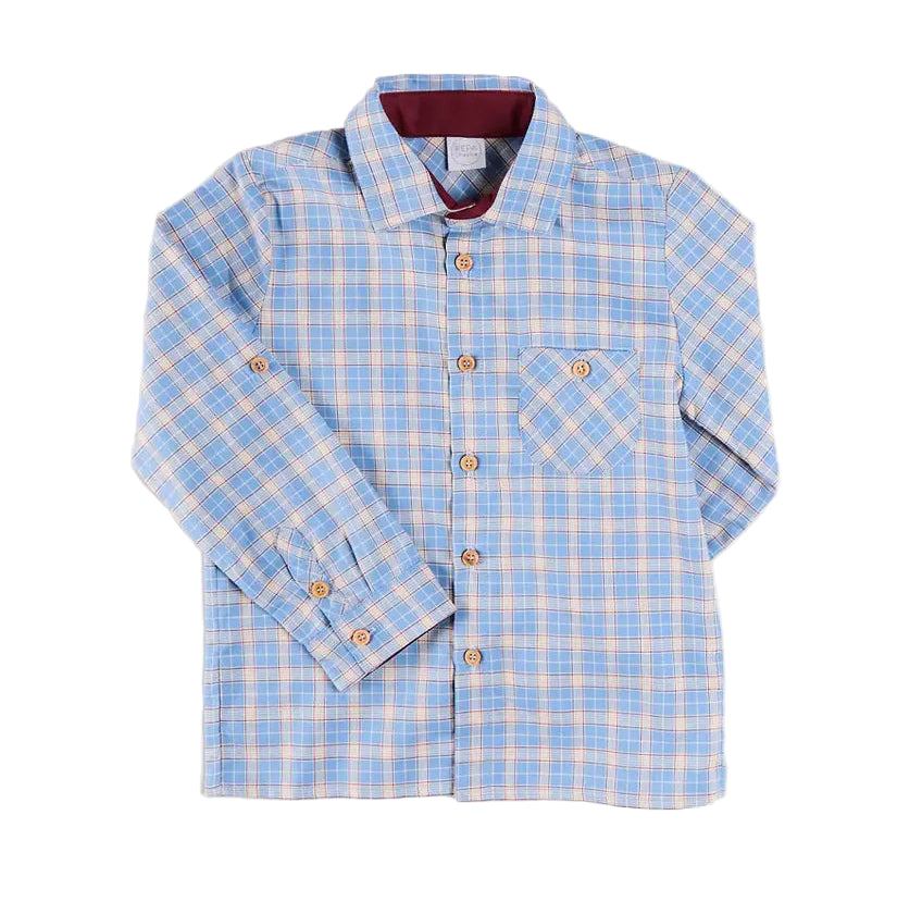 Pepa London Denby Check Polo Collar Long Sleeve Shirt in Blue