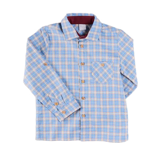 Pepa London Denby Check Polo Collar Long Sleeve Shirt in Blue