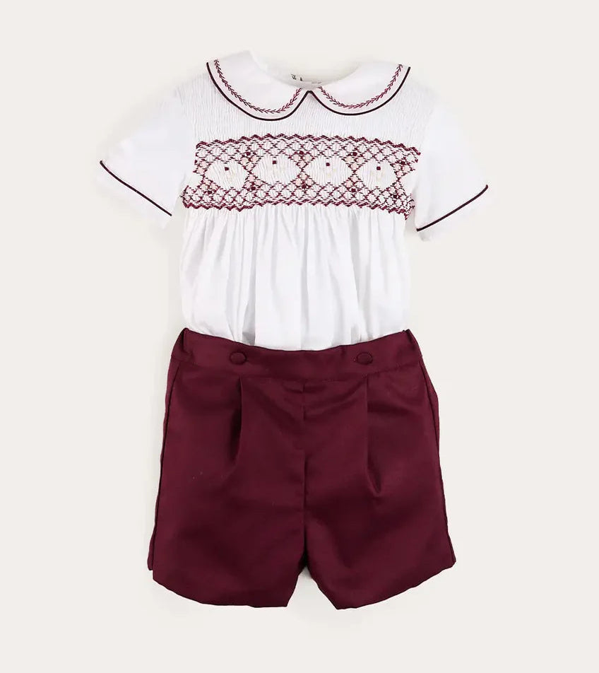 Pepa London Hand Smocked Peter Pan Collar Short Sleeve Two Piece Set in Burgundy