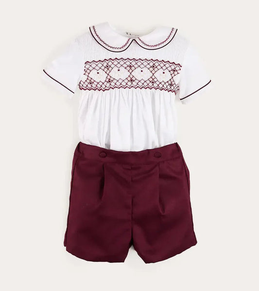 Pepa London Hand Smocked Peter Pan Collar Short Sleeve Two Piece Set in Burgundy