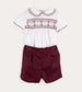Pepa London Hand Smocked Peter Pan Collar Short Sleeve Two Piece Set in Burgundy