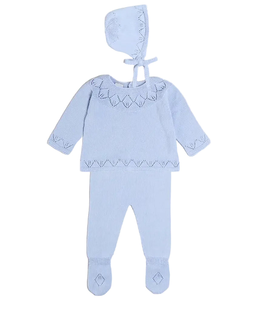Diamond Openwork Three Piece Knitted Set in Light Blue