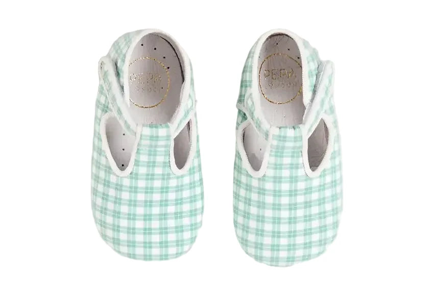 Pepa London Lucas Check T-Bar Pram Shoes in Green