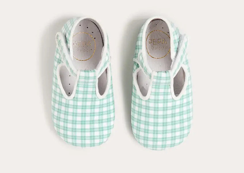 Pepa London Lucas Check T-Bar Pram Shoes in Green