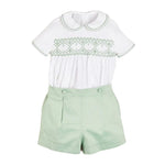 Pepa London Hand Smocked Peter Pan Collar Short Sleeve Two Piece Set in Green