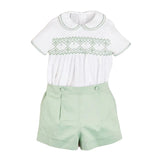 Pepa London Hand Smocked Peter Pan Collar Short Sleeve Two Piece Set in Green